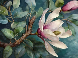 Magnolia, Krzew, Gałązka, Malarstwo, Kwitnąca